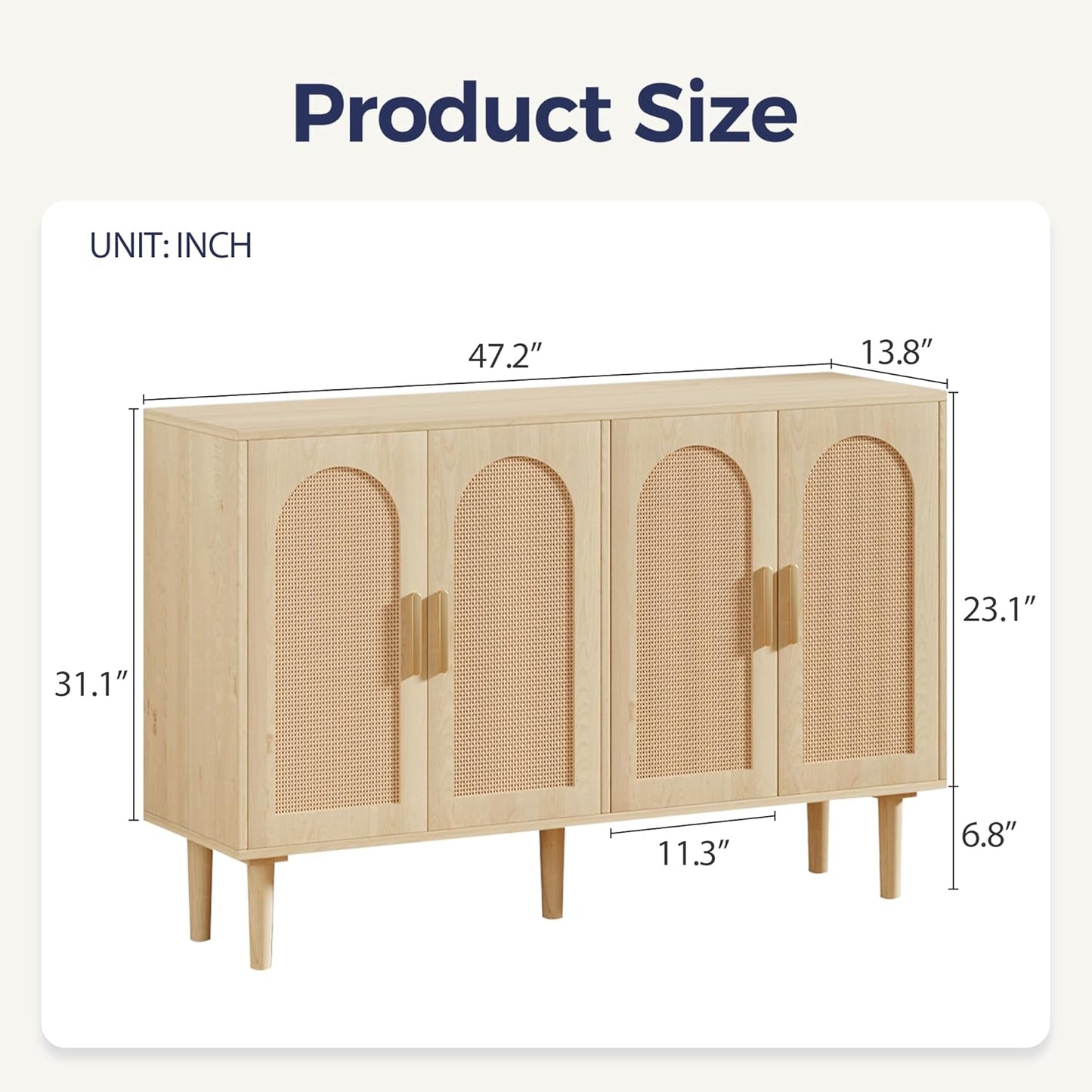 Buffet Cabinet with Storage, KitchenSideboard Cabinet with 4 Rattan Decorated Doors,Modern Accent Credenza Rattan Cabinet for Entryway,Natural