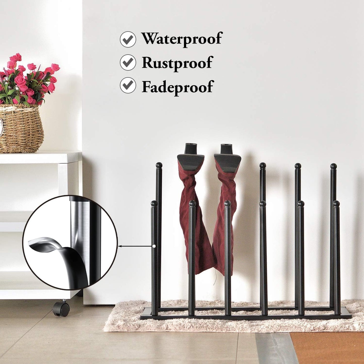 MyGift Modern Black Metal Boot Rack for Tall Boots Storage, Free Standing Entryway Shoe Rack Walk-In-Closet Boot Organizer with 12 Long Posts, Holds 6 Pair