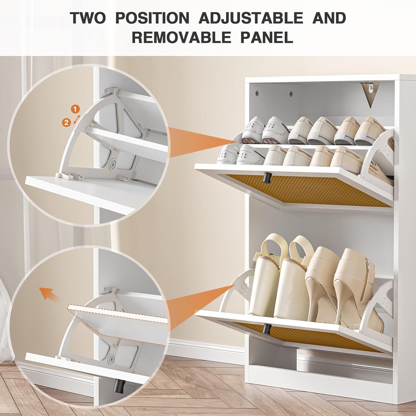 Shoe Storage Cabinet for Entryway with 2 Flip Drawers, Narrow Wood Shoe Cabinet with Rattan Panel, Freestanding Hidden Shoe Organizer for Foyer, Hallway, Small Space (White)