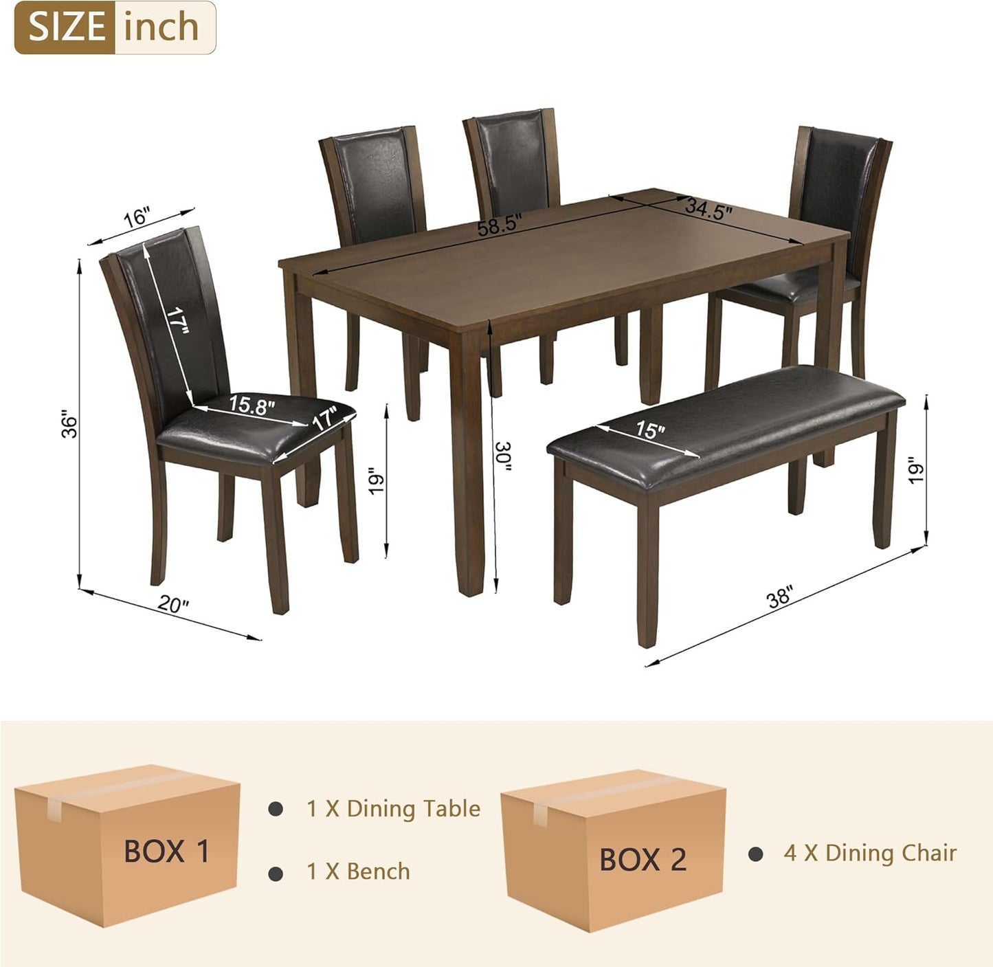 soges 6-Piece Large Dining Table Set with Leather Bench and Chairs, Wooden Dining Table Chairs Set for 6, Modern 6 Person Dining Room Set, Dark Walnut
