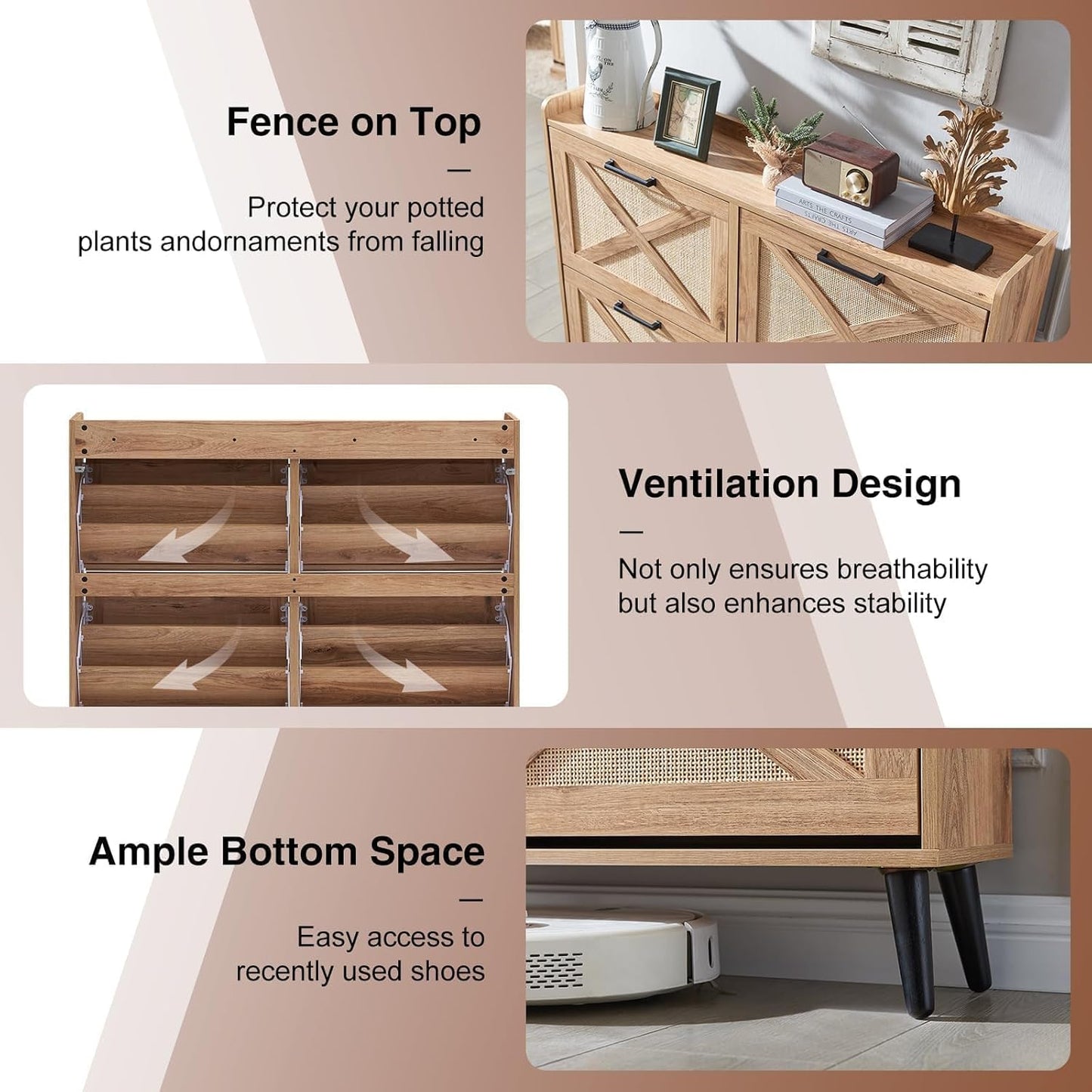 Shoe Storage Cabinet, Boho Shoe Organizer with 4 Flip Drawers & Rattan Design,Farmhouse Freestanding Hidden Slim Narrow Shoe Rack Cabinet for Entryway, Foyer,Hallway,Natural