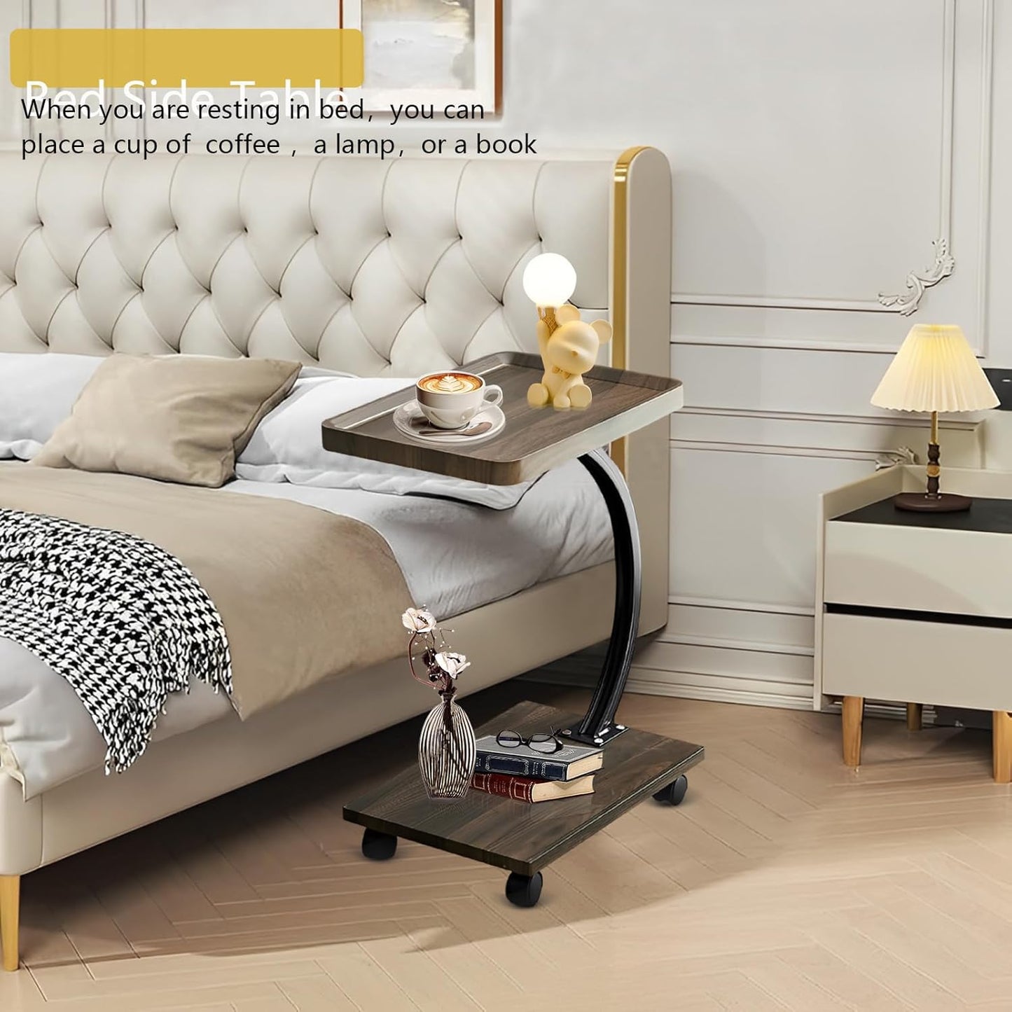 C Table End Table,360°Swivel TV Tray Table for Small Spaces, Couch Tables That Slide Under, C Shaped Side Tables with Wheels for Living Room and Bedroom, Bed,Chair, Snack Table