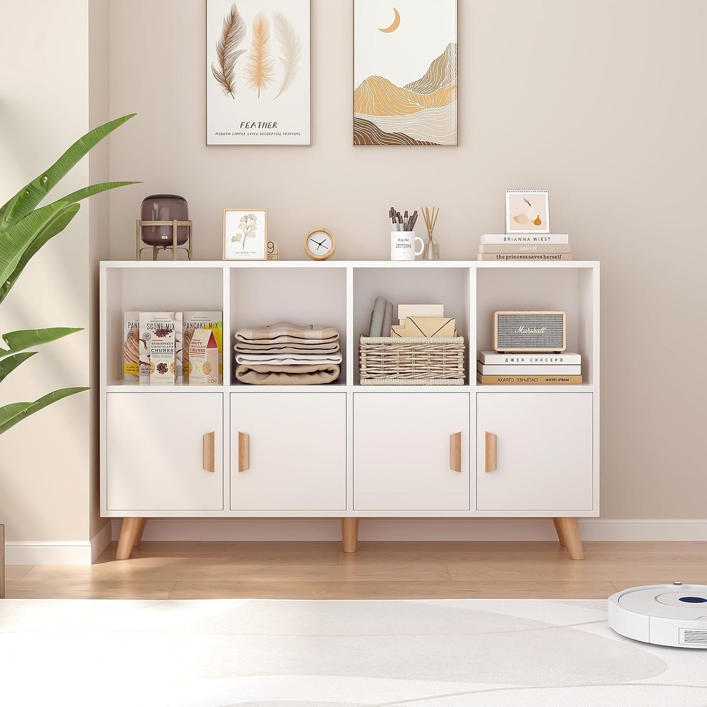 Cubby Shelf Bookcase with Doors - Wooden 8 Cube Floor Standing Open Bookshelf with Solid Wood Legs, 2-Tier Low Storage Cabinet, Warm White