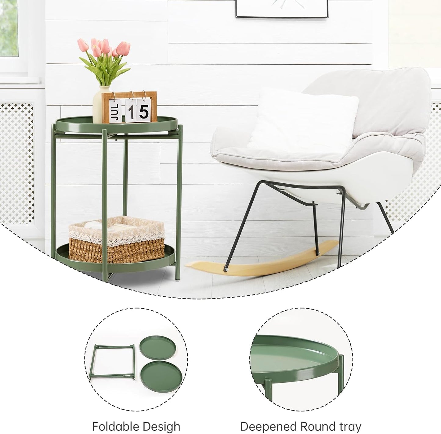 danpinera 2 Tier Metal Side Table with Removable Tray, Folding End Table Outdoor Small Accent Table, Anti-Rust Green Nightstand for Bedroom Balcony Patio, Set of 2 (Dark Green)