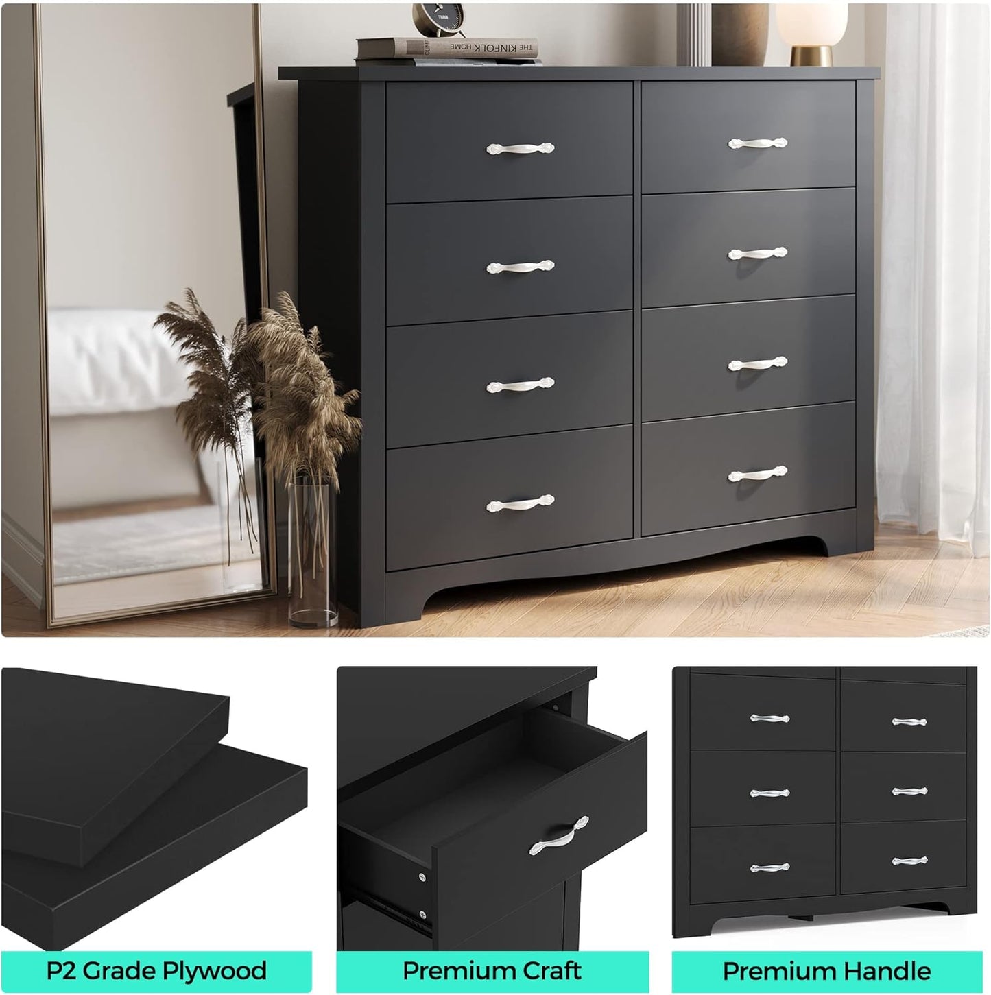LINSY HOME 8 Drawer Double Dresser, Black Dresser for Bedroom, Modern Dresser Chest with Wide Drawers, Wood Storage Chest of Drawers for Living Room