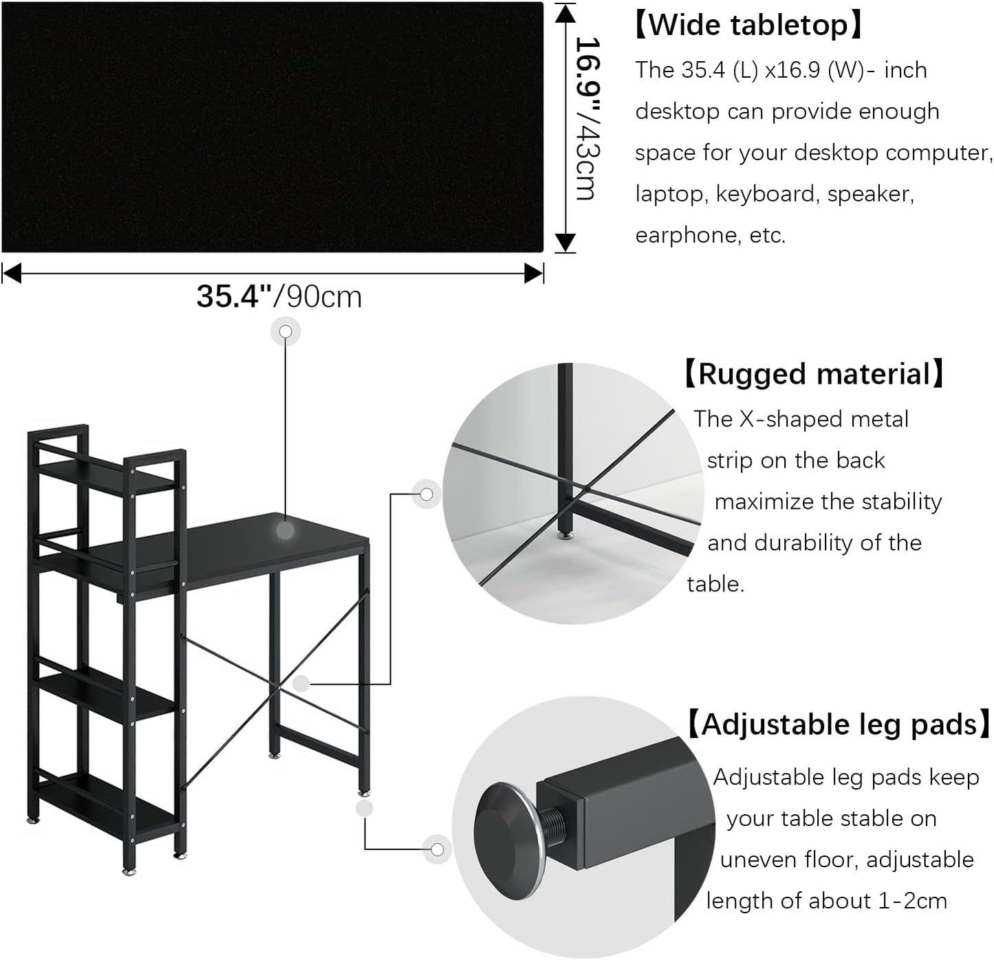4NM 35" Small Computer Desk with 4-Tier Bookshelf, Home Office Desk Writing Workstation Study Table Multipurpose for Small Space Work - All Black
