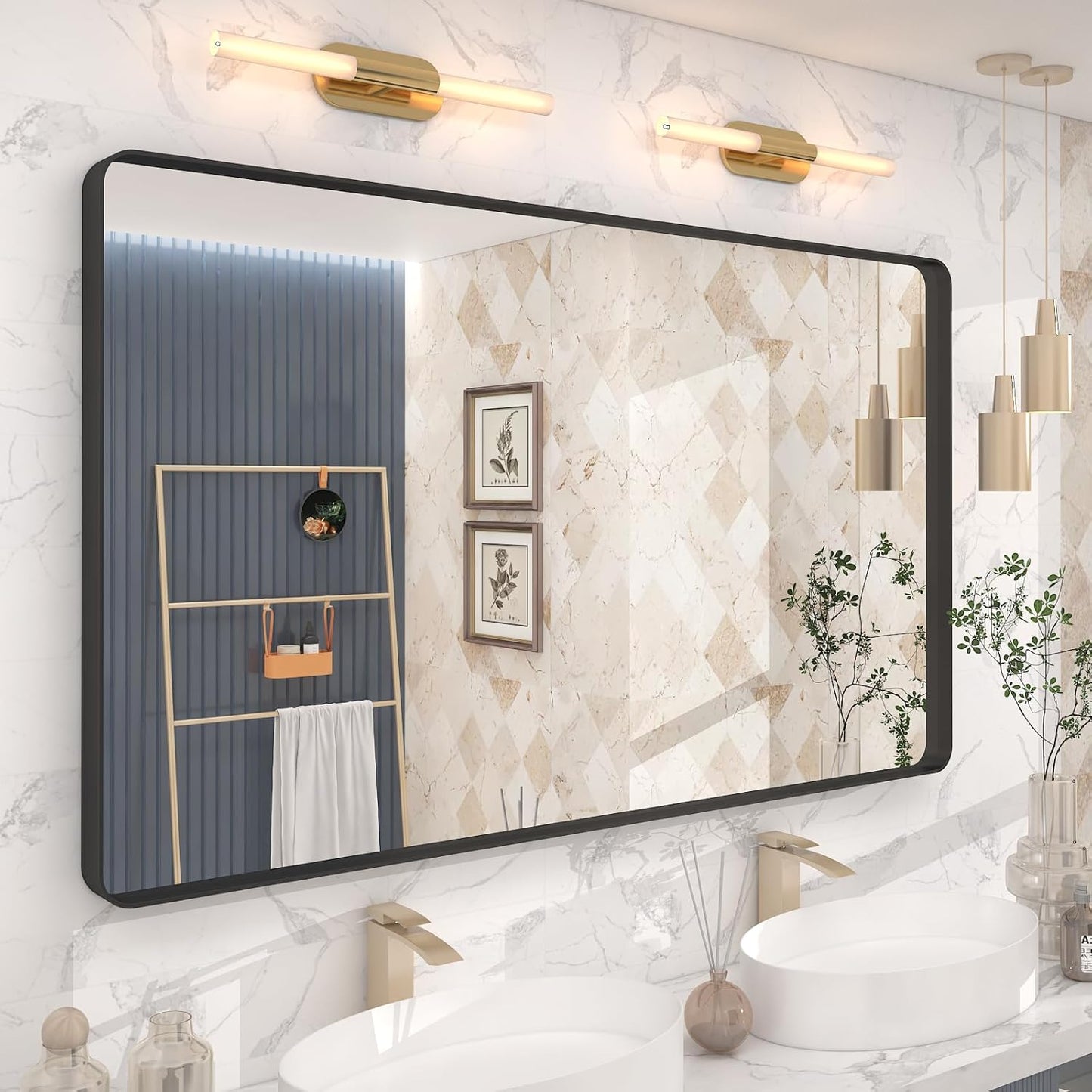 50x30 Inch Black Framed Bathroom Mirror for Wall, Black Metal Framed Mirror, Rounded Rectangle Bathroom Vanity Mirror, Anti-Rust, Shatterproof (Horizontal/Vertical)