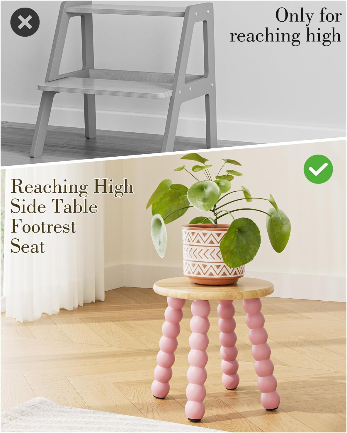 Masupu Solid Wooden Step Stool for Adults Kids, 11 inch Small Foot Stool, Non-Slip One Step Stool, Sturdy Foot Stool for Bathroom, Bedroom, Kichen, Plant Stand(Natural and Pink)