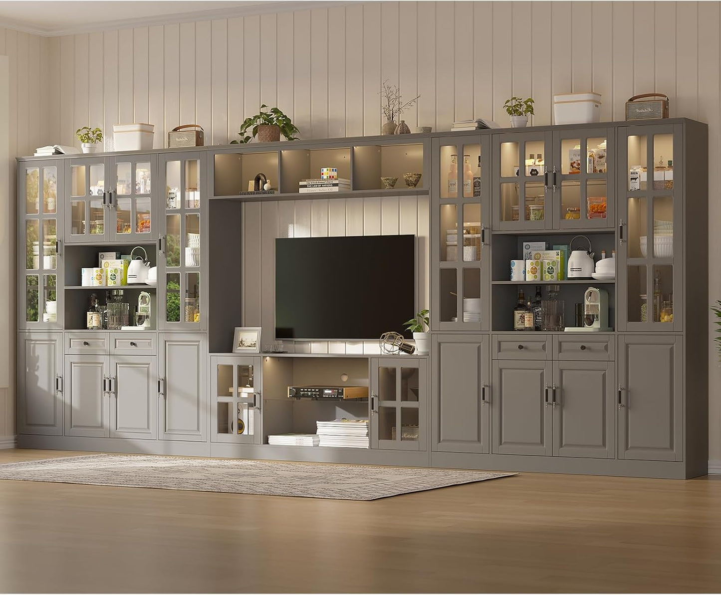 4-Piece Wall Unit TV Stand with Storage & LED Lights for TVs up to 75", Modern Entertainment Center with Bookshelves & 8-Door Pantry Cabinet, Gray