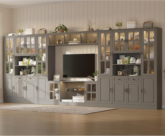 4-Piece Wall Unit TV Stand with Storage & LED Lights for TVs up to 75", Modern Entertainment Center with Bookshelves & 8-Door Pantry Cabinet, Gray