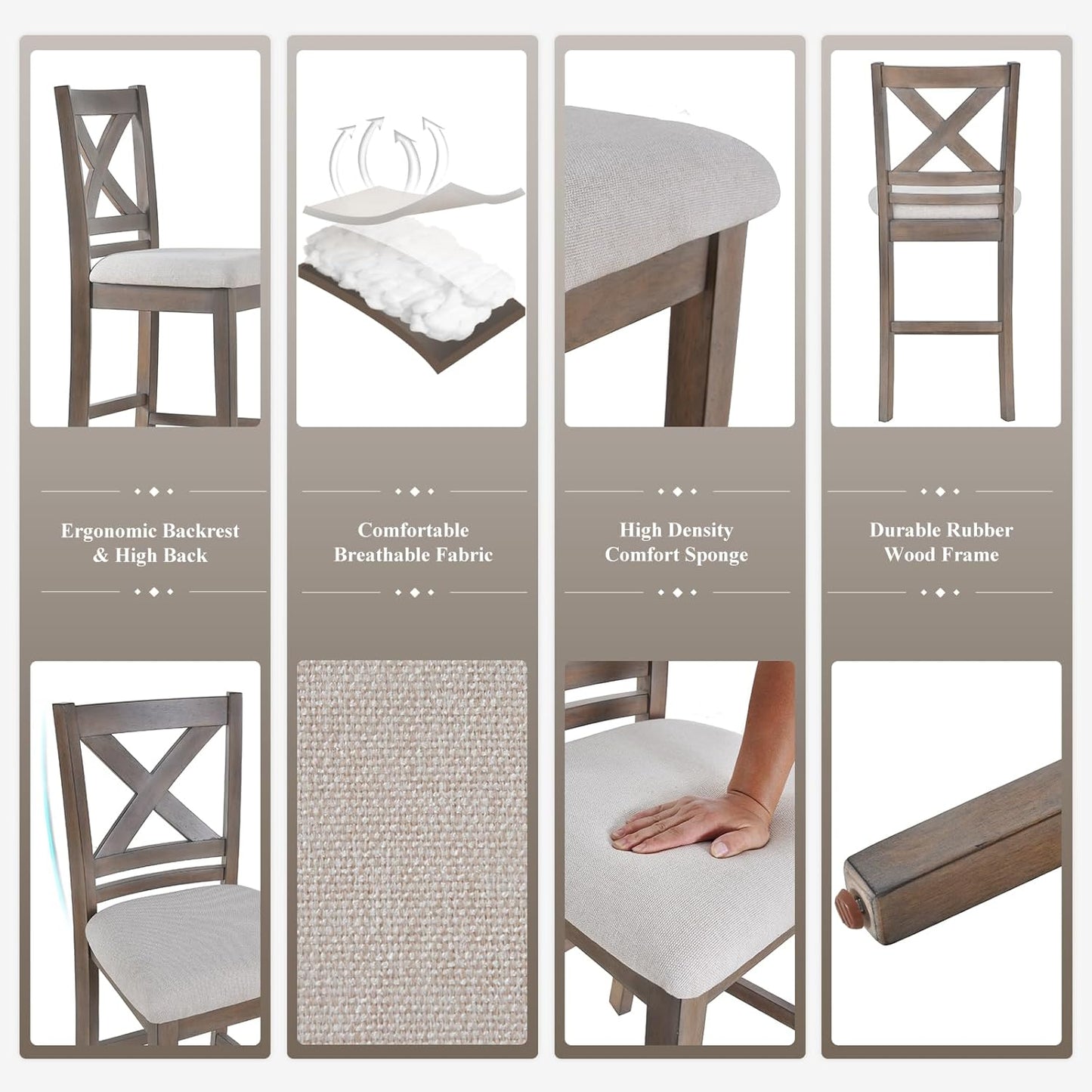 COLAMY Wooden Bar Stools Set of 2, Counter Height Bar Stools, Mid Century Modern Bar Stools with Backs, 25 Inch Upholstered Fabric Wooden Barstools for Kitchen Island Dining Room Bar, Light Brown Wash