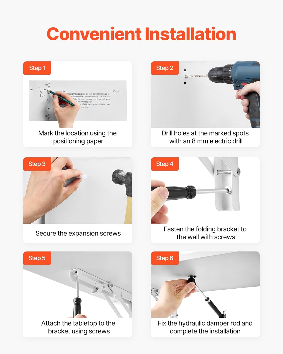 VEVOR Wall Mounted Folding Table, 23.6 x 15.7 inches Wall Mount Table, Floating Desk with Iron Bracket for Small Spaces, Home Office, Dining, Laundry Room, Kitchen, Bar, White