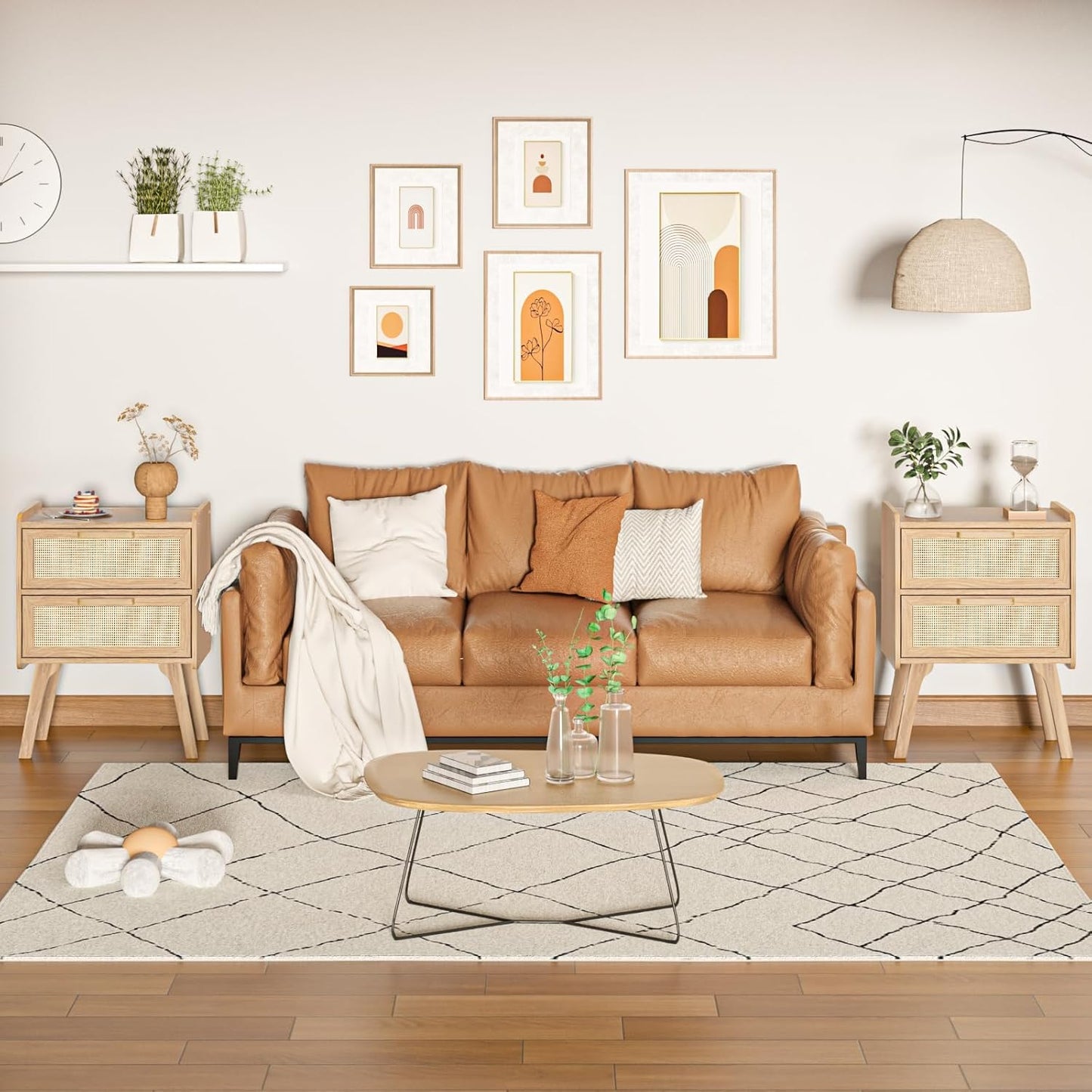 Lerliuo Rattan Nightstands Set of 2, Boho Night Stand with 2 Drawers, Cane Accent Side End Table, Bedside Table with Solid Wood Legs for Bedroom, Dorm and Small Spaces (Natural)