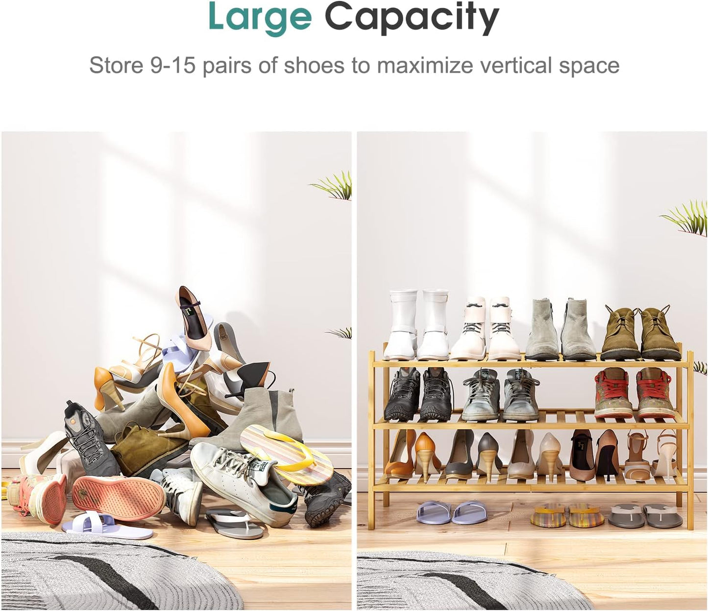 3-Tier Long Shoe Rack, Bamboo Wood Shoe Rack for Closet, Entryway & Hallway, Stackable | Beautiful | Functional | Sturdy