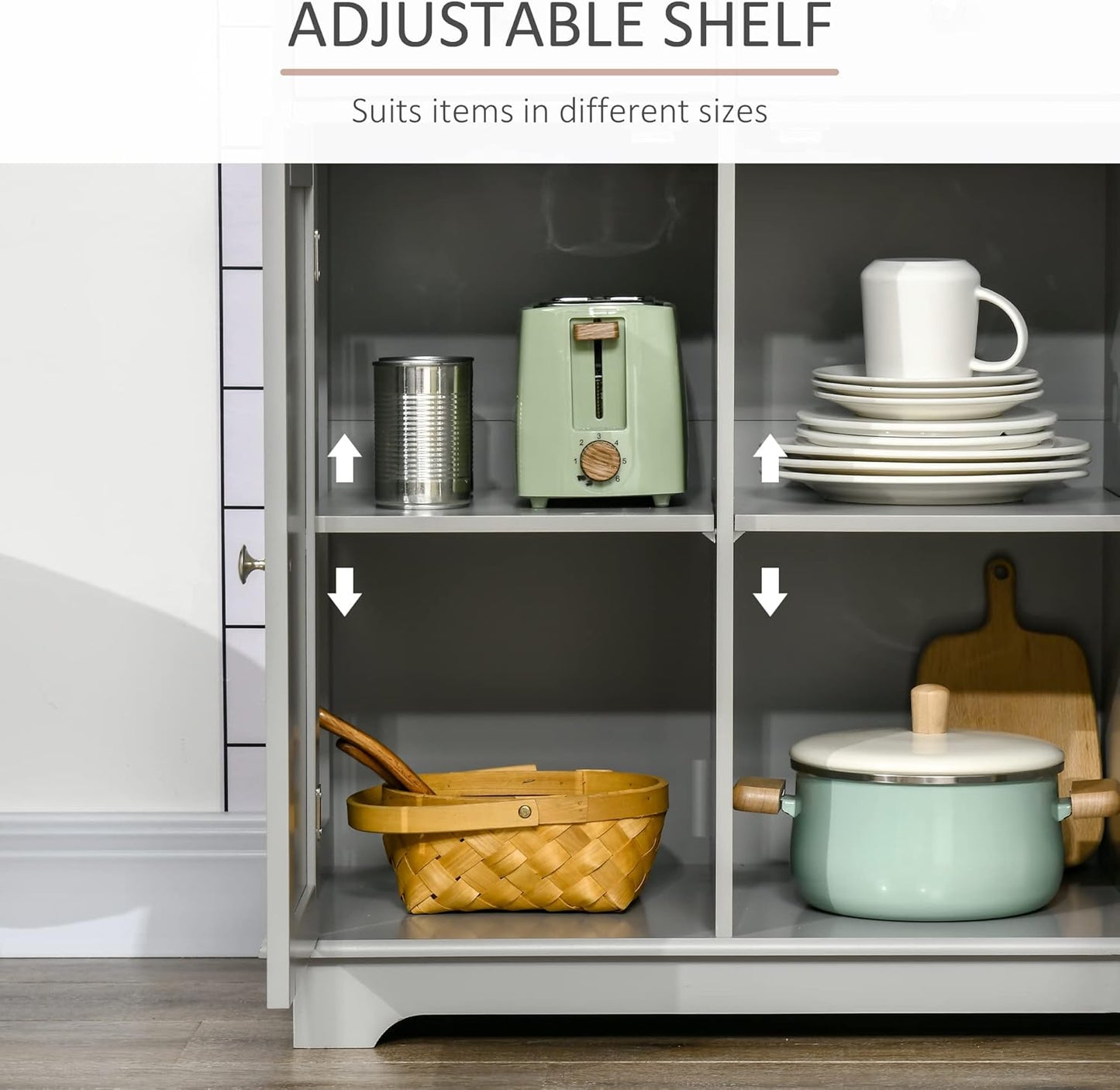 HOMCOM Sideboard with Solid Wood Countertop, Modern Kitchen Storage Cabinet, Coffee Bar Cabinet with 3 Drawers, Doors and Adjustable Shelf, Gray