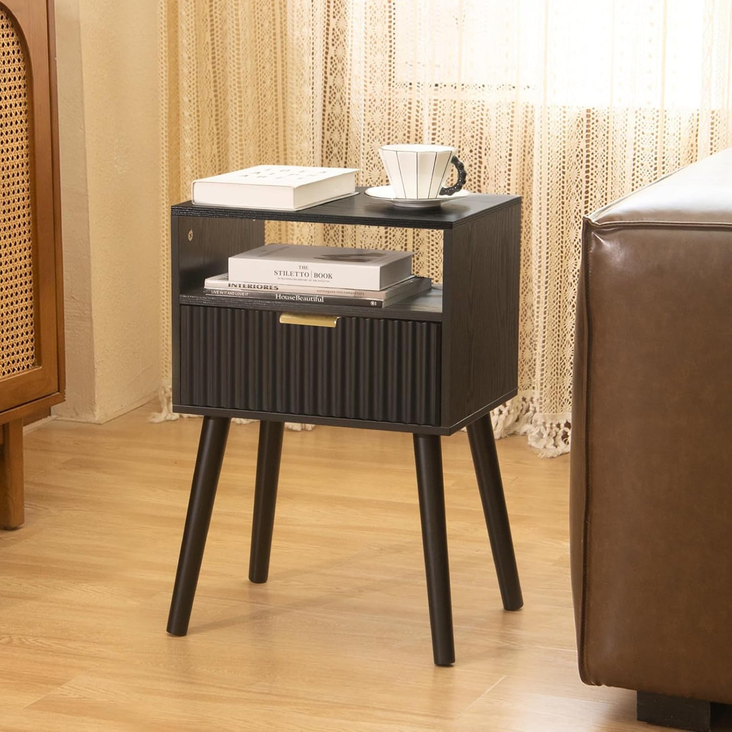 Black Nightstand, Modern Bedside Table with Fluted Drawers, Small Night Stand with Storage and Solid Wood Legs for Bedroom, Dorm and Small Space (Black)