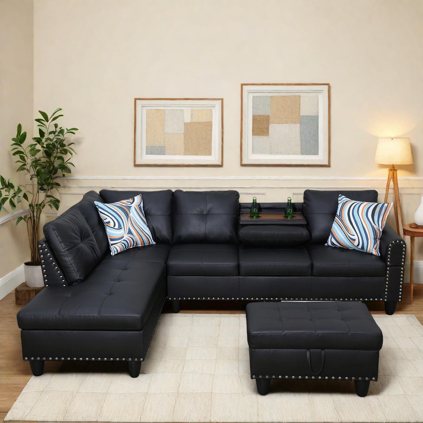 97" L Shaped Sectional Couch with Cup Holder, Modern 4 Seat Modular Sectional Sofa with Storage Ottoman, Living Room Sets for Small Spaces, Apartment, Faux Leather, Black