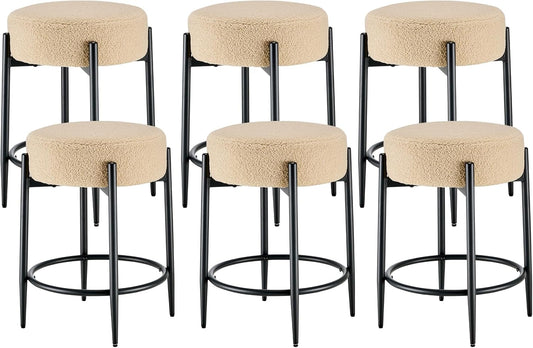 Dining Room Chairs Set of 6, 23.6" Sherpa Backless Beige Boucle Dining Chair with Black Metal Legs, Mid Century Modern Living Room Round Upholstered Chairs