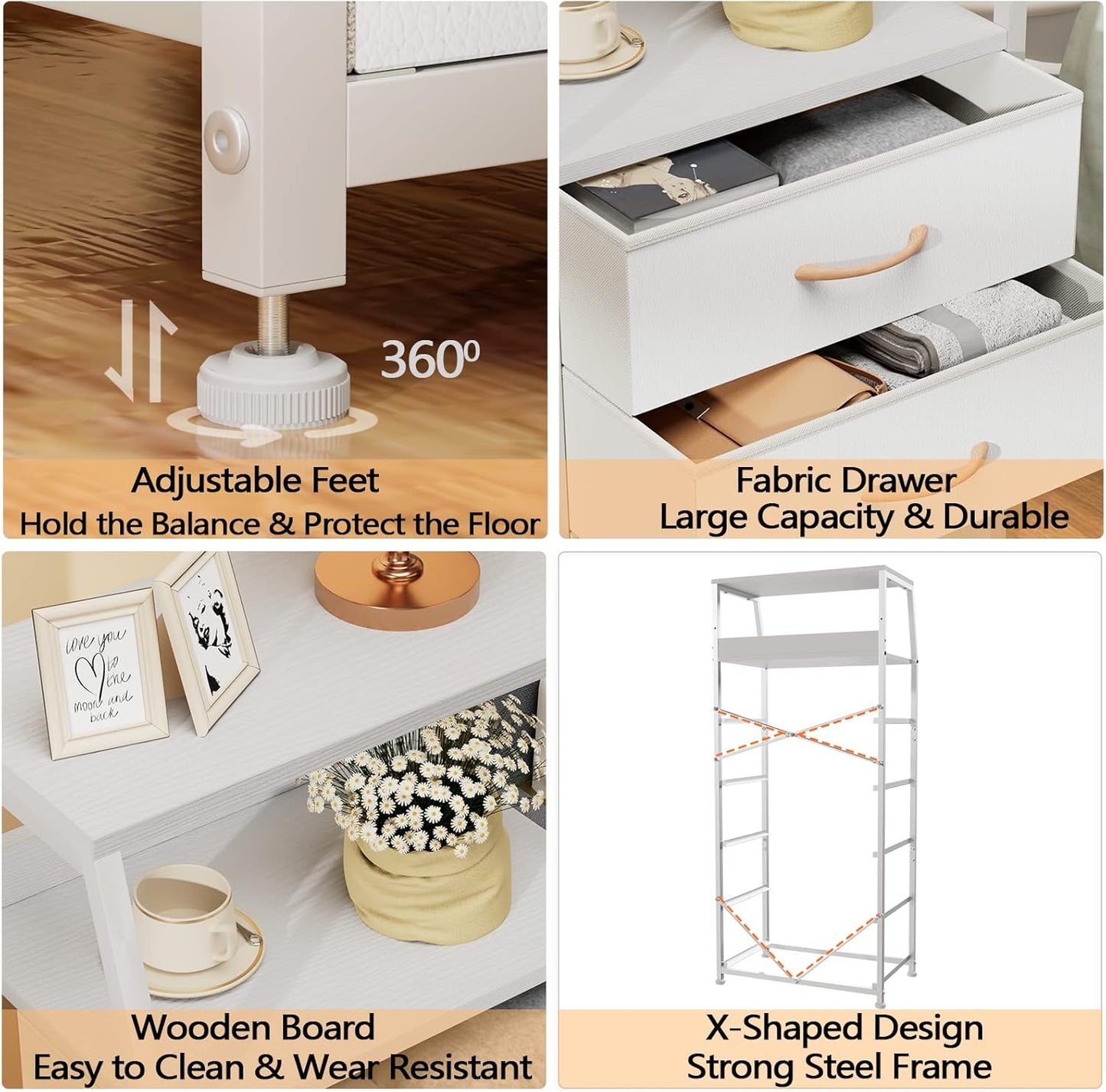 Furnulem White Dresser with 5 Drawers, Vertical Storage Tower Fabric Dresser for Bedroom, Hallway, Entryway, Nursery, Closet Organizer, Nightstand Bedside Table Furniture, Sturdy Steel Frame, Wood Top