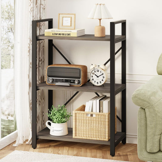 BON AUGURE 3 Tier Bookshelf, Small Rustic Book Shelf, Short Industrial Bookcase, Wood Metal Standing Etagere for Office, Bedroom and Living Room (Greige Oak)