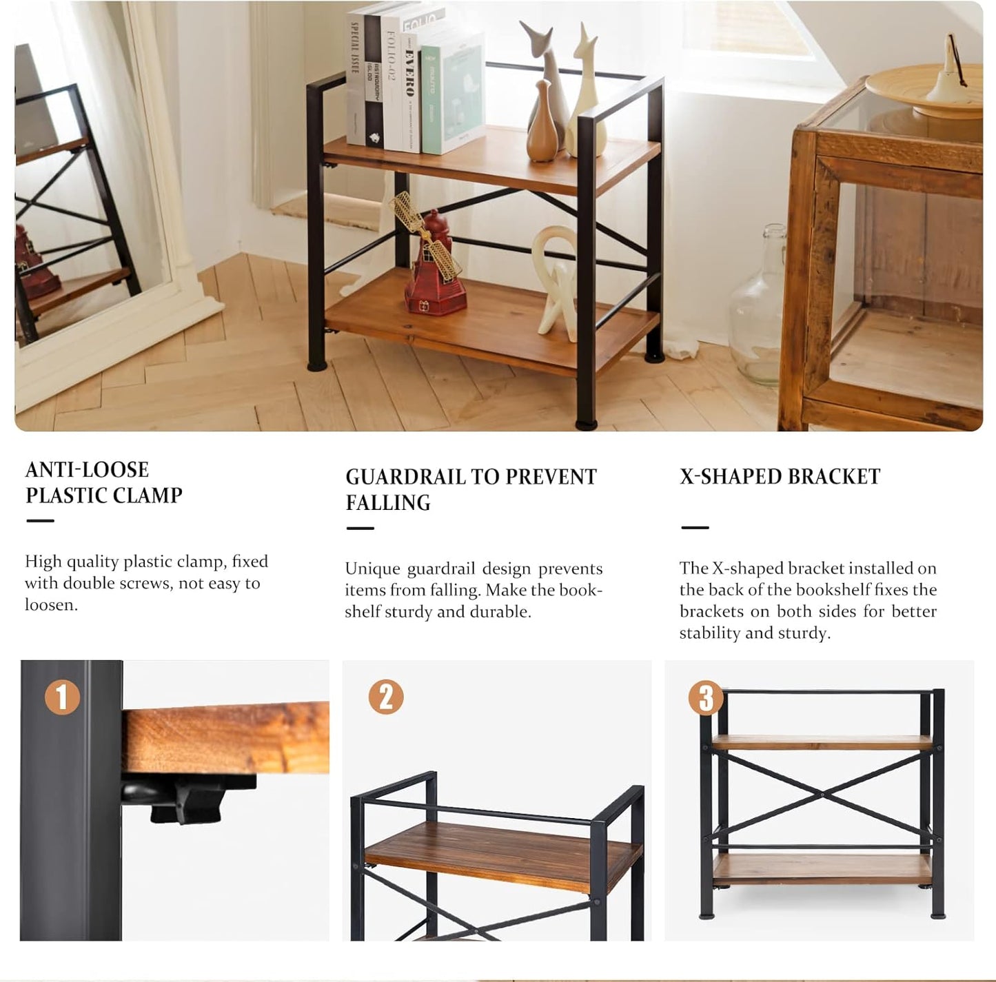 Crofy Rustic Bookshelf, 2 Tier Real Wood Bookshelf, Metal Book Shelf for Storage, Black Bookcase, 12.6" D x 23.62" W x 22.83" H