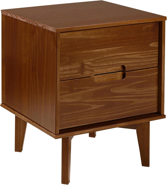 Walker Edison Mid Century Modern Grooved Handle Wood Nightstand Side Table Bedroom Storage Drawer and Shelf Bedside End Table, 2 Drawer, Walnut