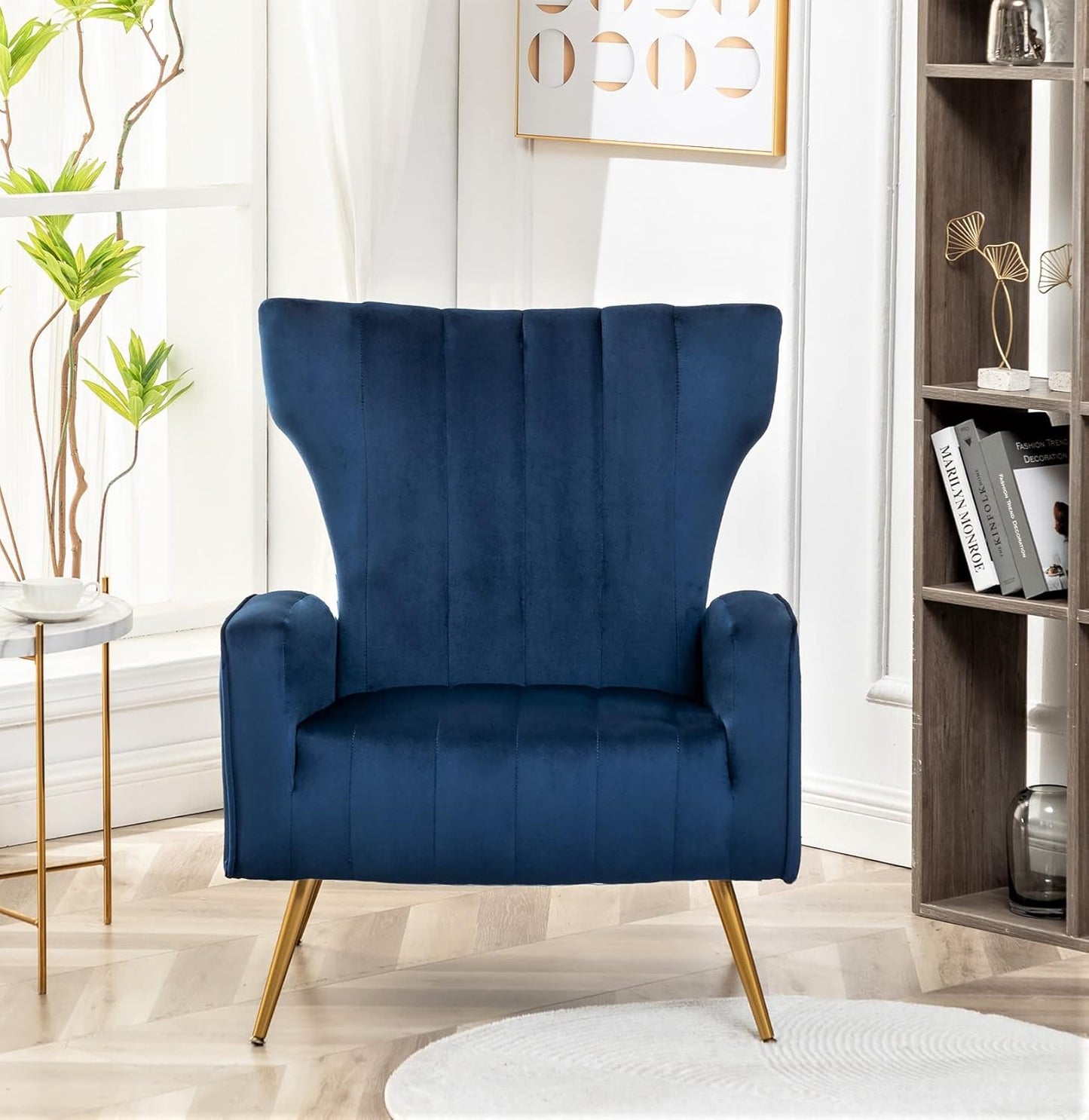 Container Furniture Direct Modern Velvet Accent Chair, Channel Tufted Bedroom, Office or Living Room Furniture with Elegant Metal Legs, 26" Wide Armchair, Blue