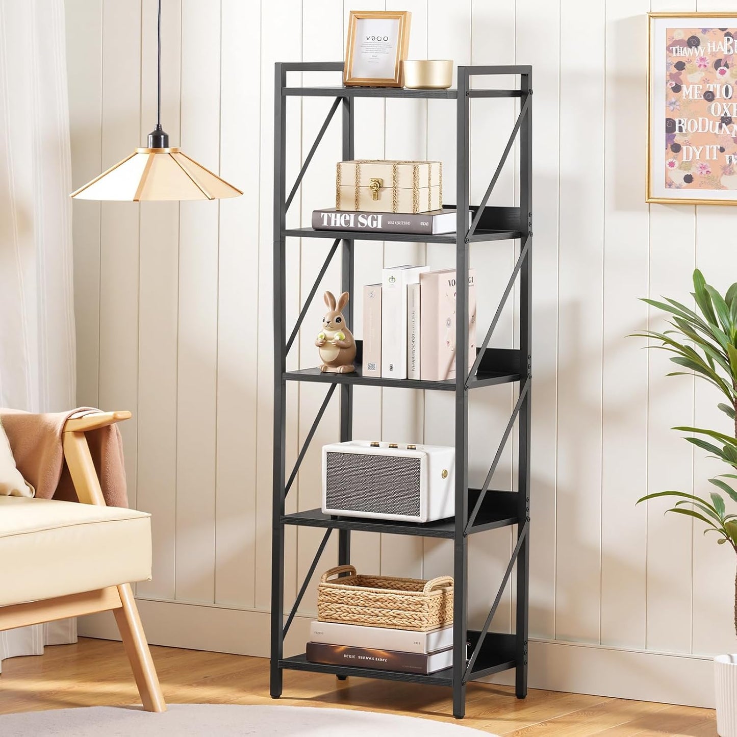 HOOBRO Bookshelf, 5-Tier Industrial Bookcase, Book Shelf Storage Organizer, Tall Bookshelf with Metal Frame for Living Room, Bedroom, Home Office, Kitchen, Black BB73SJ01