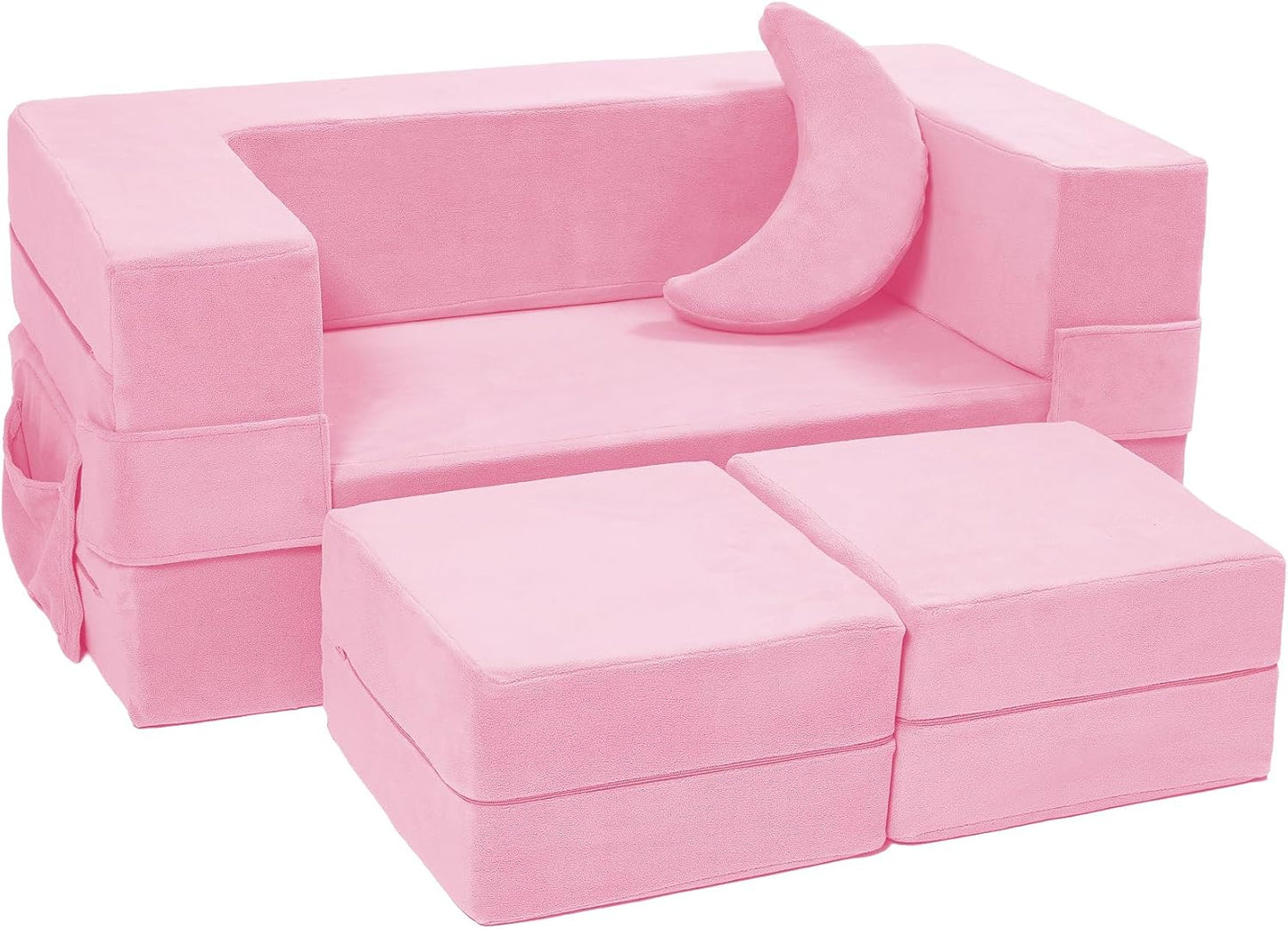 Modular Kids Sofa,Toddler Couch Foam Armchair for Kids, Children Convertible Plush Sofa Play Set,Fold Out SofaBed(Pink)