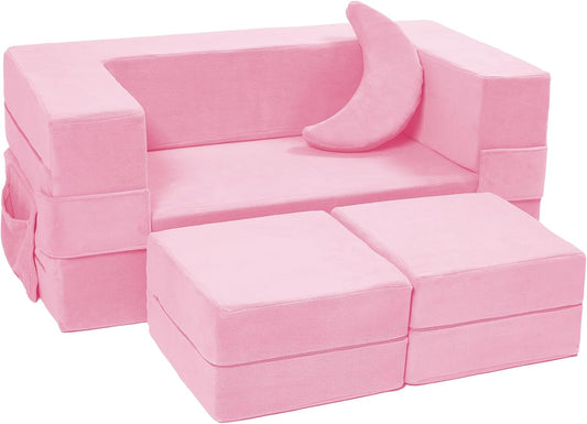 Modular Kids Sofa,Toddler Couch Foam Armchair for Kids, Children Convertible Plush Sofa Play Set,Fold Out SofaBed(Pink)
