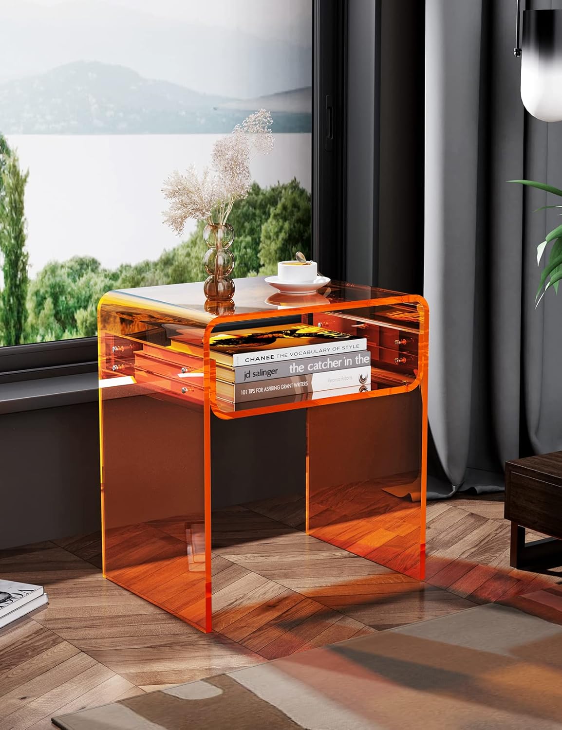 Clear Acrylic End Table 2-Tier Bedside nightstand for Living Room Bedroom Home Decor (Orange)