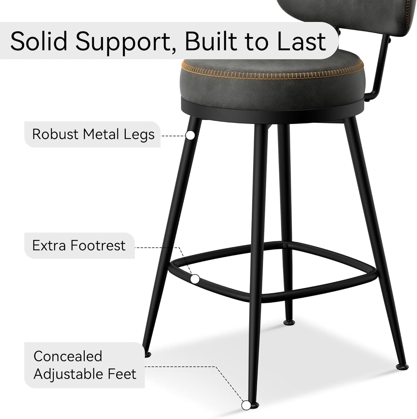 Counter Height Bar Stools, 26" H Swivel Barstools Set of 4, Faux Leather Kitchen Counter Stools with Back and Stylish Stitching, Metal Frame, Pub, Home Bar, Black Grey