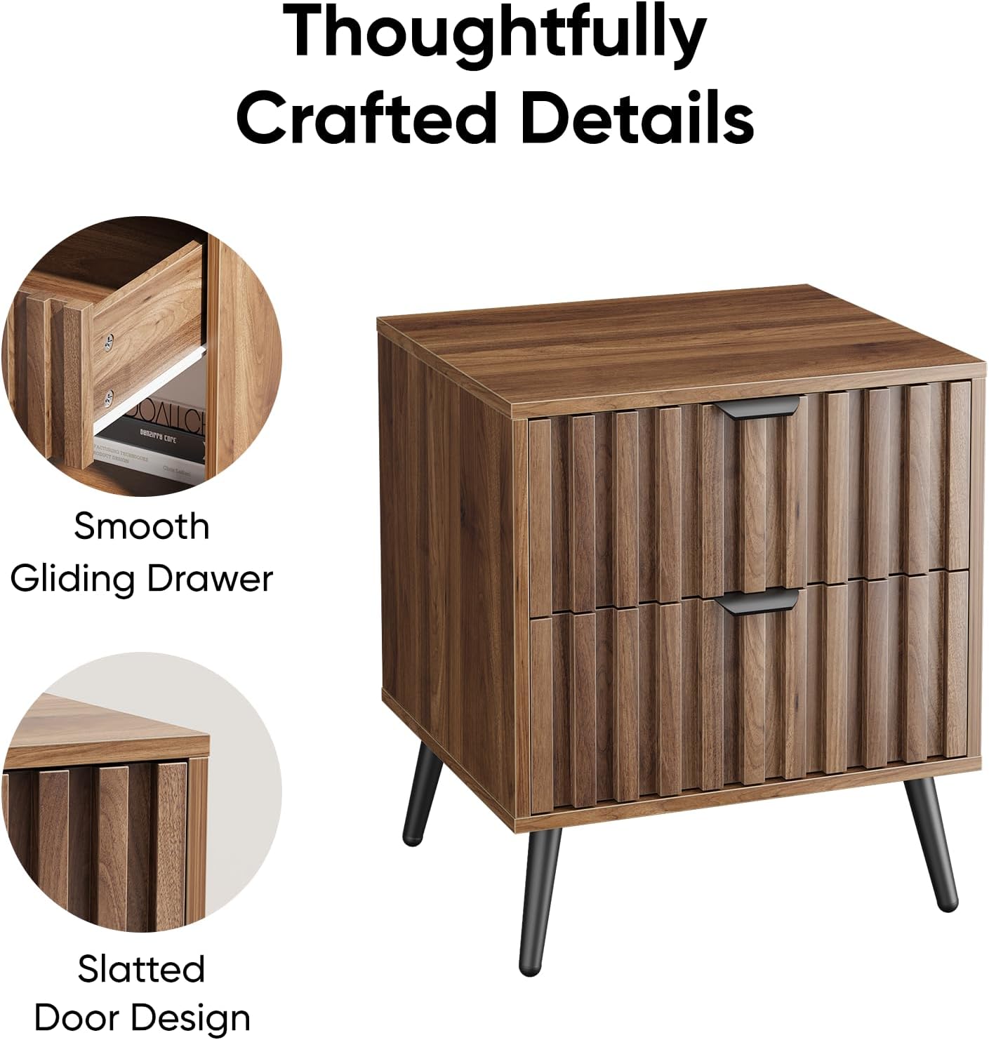 Nightstands, Walnut Fluted Night Stand, Mid Century Modern Nightstand, Bedside Table with Seamless Slatted Drawer, End Tables Bedroom with Metal Legs, Night Stand for Bedroom