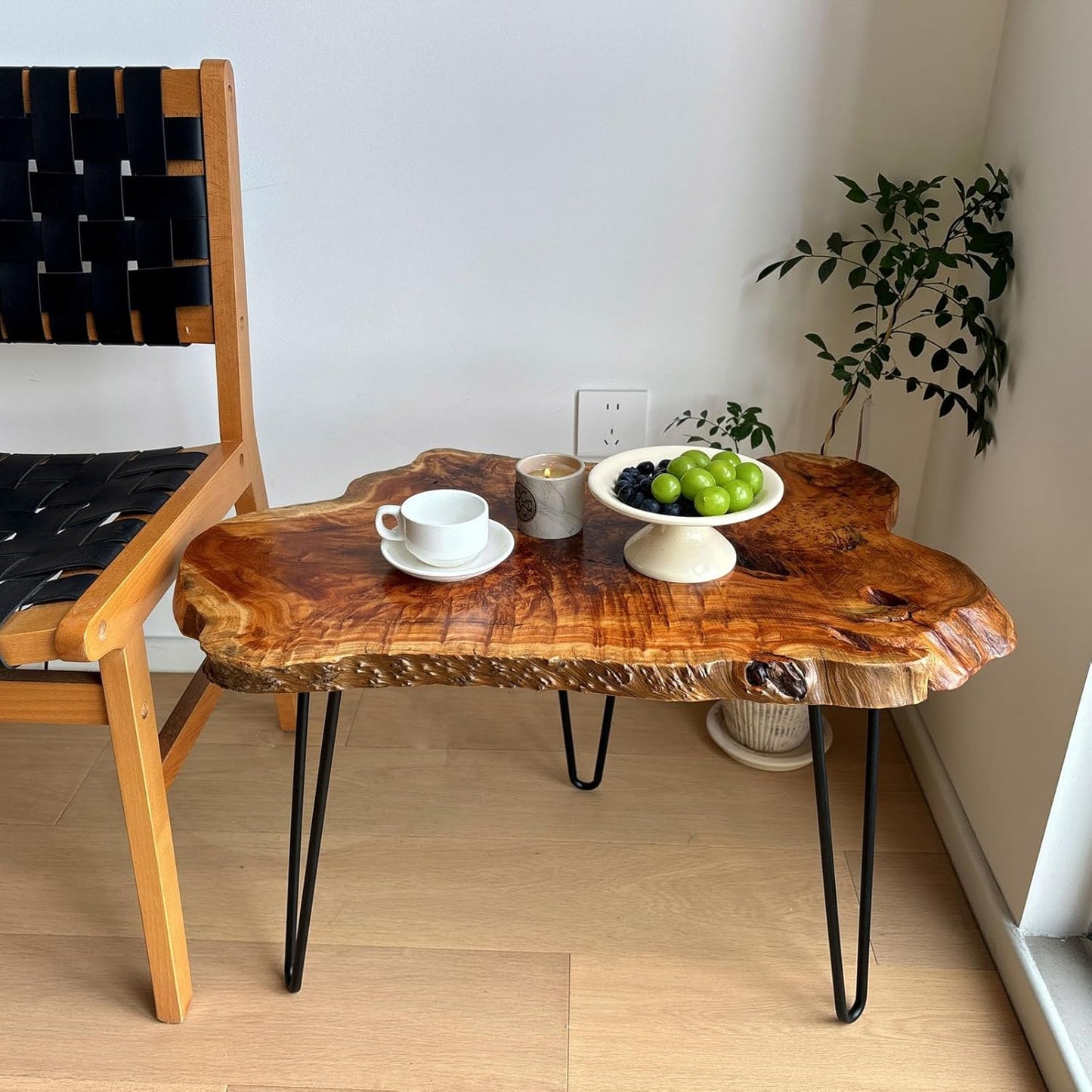 Live Edge Coffee Table, Natural Wood Coffee Table for Living Room, Natural Fir Unique Desktop with Metal Hairpin Legs (Plus Size)