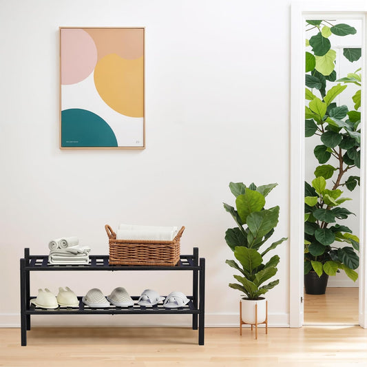 Haddockway 2 Tier Bamboo Shoe Rack Storage Organizer, Multifunctional Free Standing Stackable Shoe Shelf with Grid Panel for Closet,Hallway,Entryway,Small Space 27"x11"x13" (Black, 2 Tier)