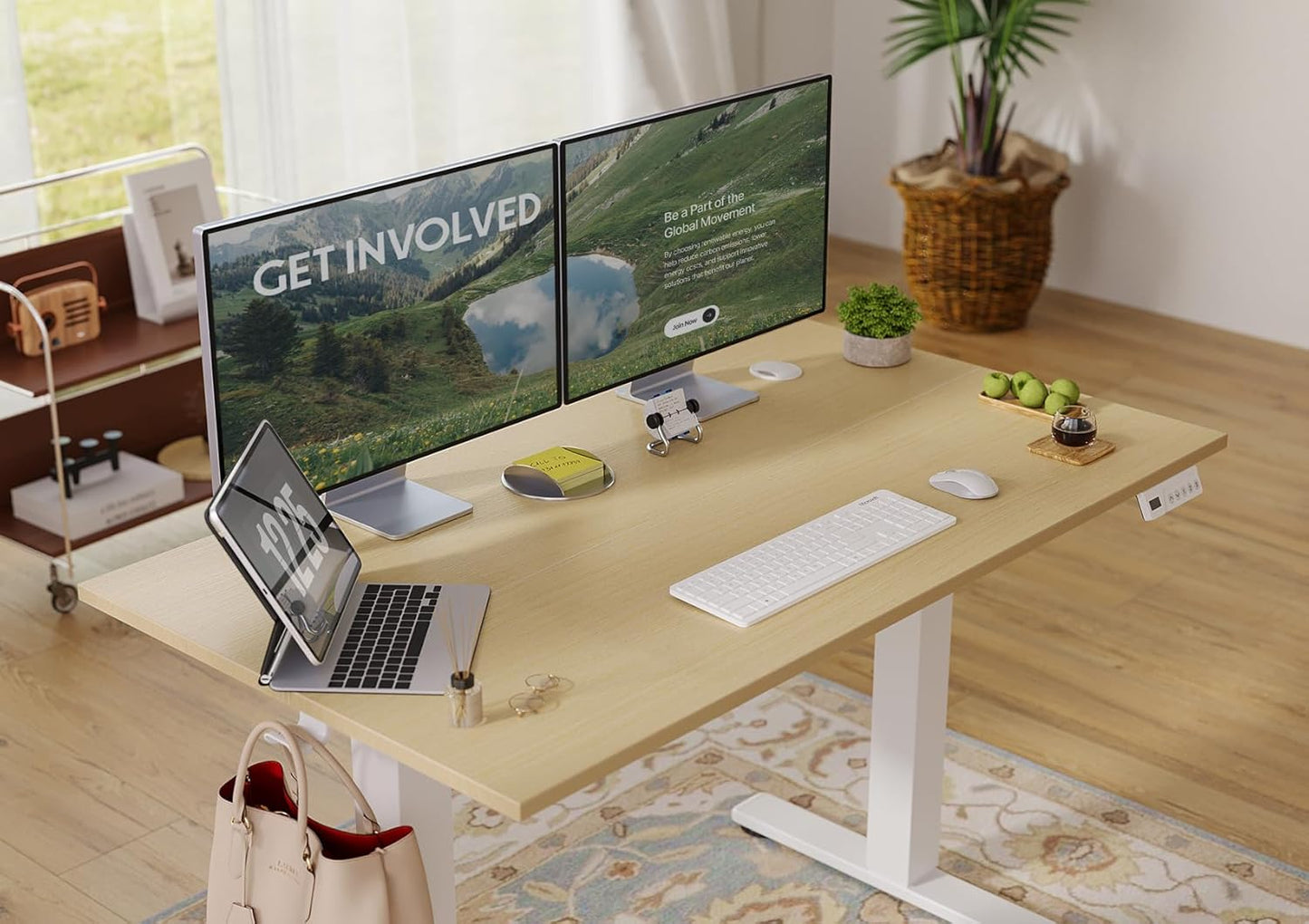 Seang Electric Standing Desk Adjustable Height, 55 x 24 Inch Sit Stand Desk with T-Shaped Frame, 3 Memory Presets & Cable Management for Home Office Computer Workstation, White Frame/Nature Top