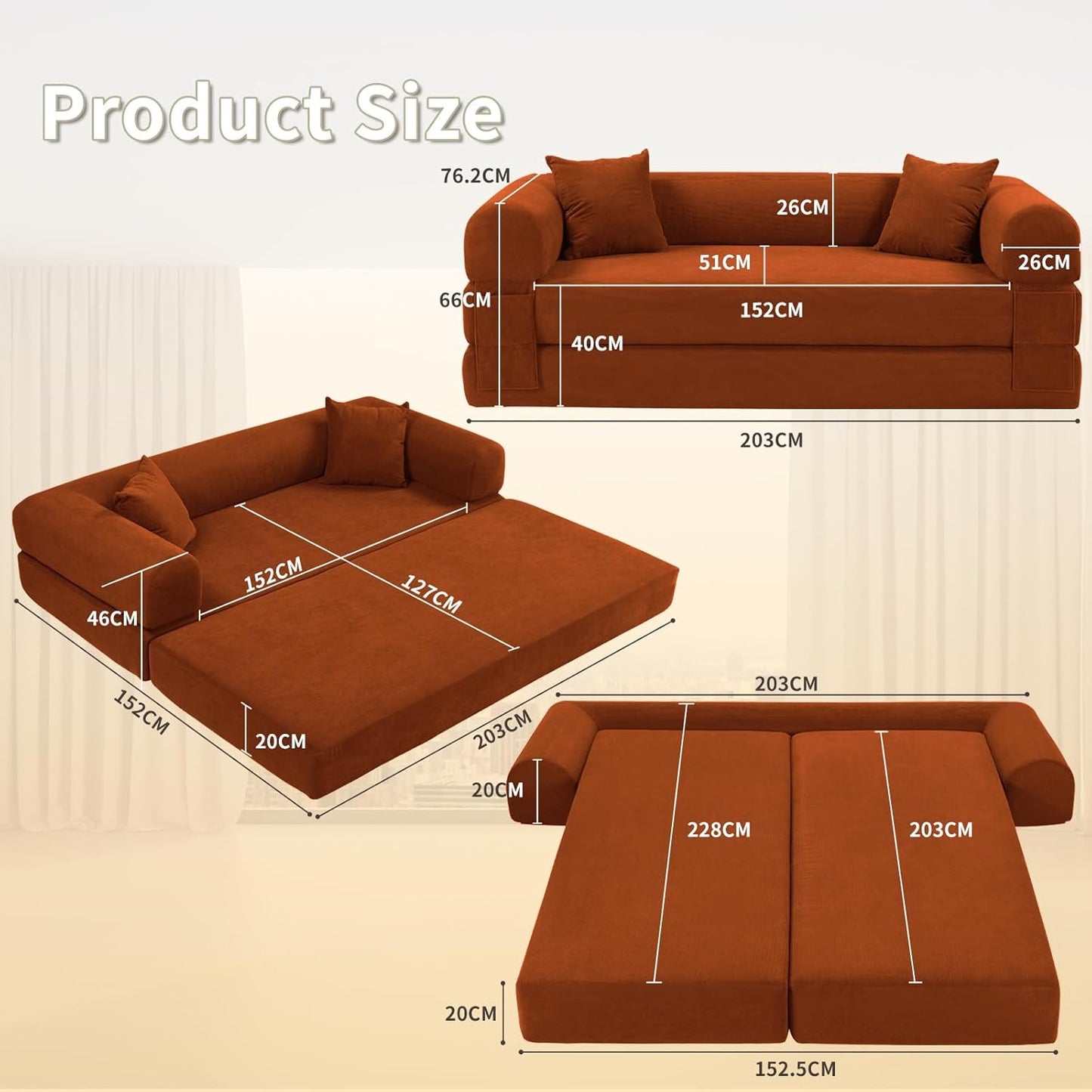 80" Convertible Sofa Bed, 3-in-1 Corduroy Folding Pull Out Couch with Pillows, No Assembly Modern Boneless Couch Compression Sofa in Box, Floor Sofa with Side Storage Pocket for Living Room, Orange