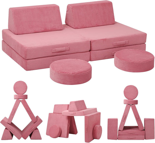 MeMoreCool Kids Couch for Playroom, Corduroy Convertible Toddler Couch, 8 Piece Modular Play Sofa, Foam Fort Building Set for Child Room Furniture, Pink