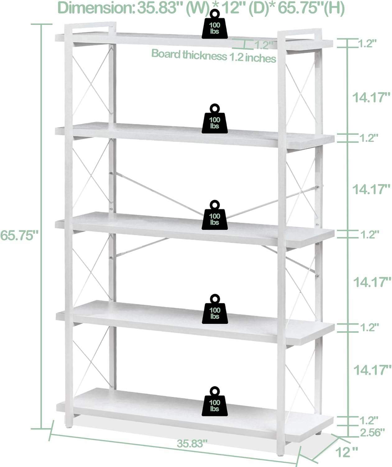HCHQHS Bookshelf, 5-Tier Industrial Bookcase, White Open Book Shelf, Freestanding Tall Bookshelves with Metal Frame
