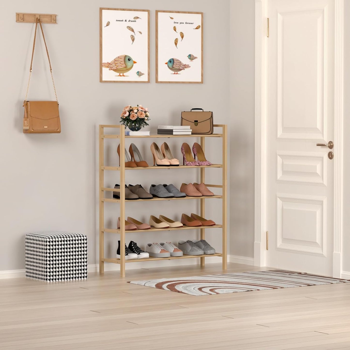 Haddockway Bamboo Shoe Rack for Closet, Free Standing Shoe Organizer with Smooth Round Rods & Convenient Handles, Stackable Shoe Storage Shelf for Entryway, Hallway(Natural, 5-Tier)