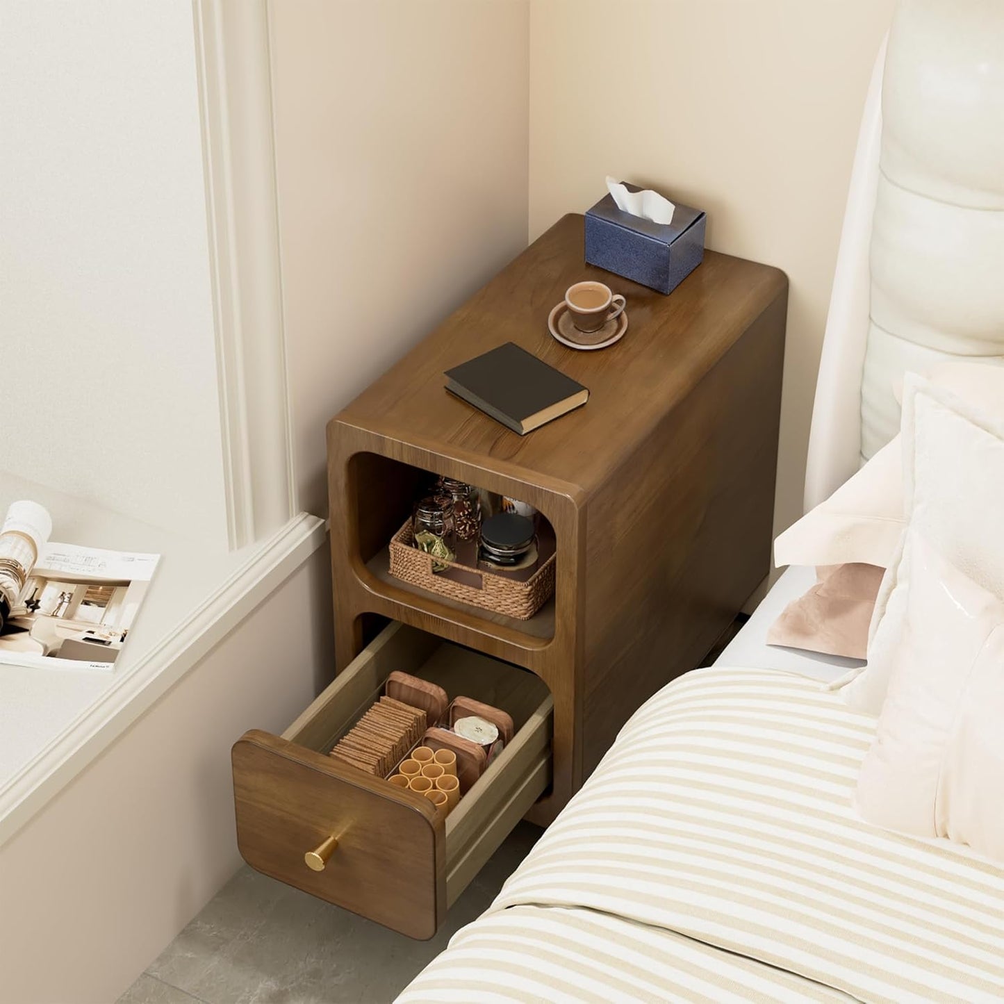 Small Narrow Nightstand with Drawers, Solid Wood Nightstand, Walnut Night Stand, Mid Century Side Table, Modern Bedside Tables for Bedroom (10 inch)