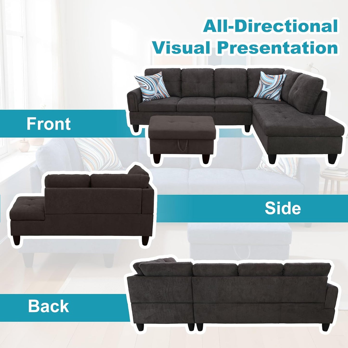 Couches for Living Room Modern L Shaped Couch Comfy Fluffy Fabric 3 Pieces Sectional Sofa with Chaise, Ottoman with Storage for Office and Small Apartment, Dark Brown