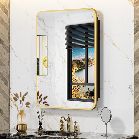 20x28 Inch Gold Recessed Medicine Cabinet with Mirror Metal Framed Surface Wall Mounted Bathroom Medicine Cabinet Mirror with Storage