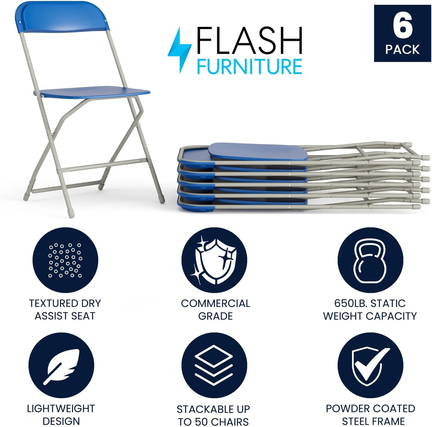Flash Furniture Hercules Series Plastic Folding Chair - Blue - 6 Pack 650LB Weight Capacity Comfortable Event Chair-Lightweight Folding Chair