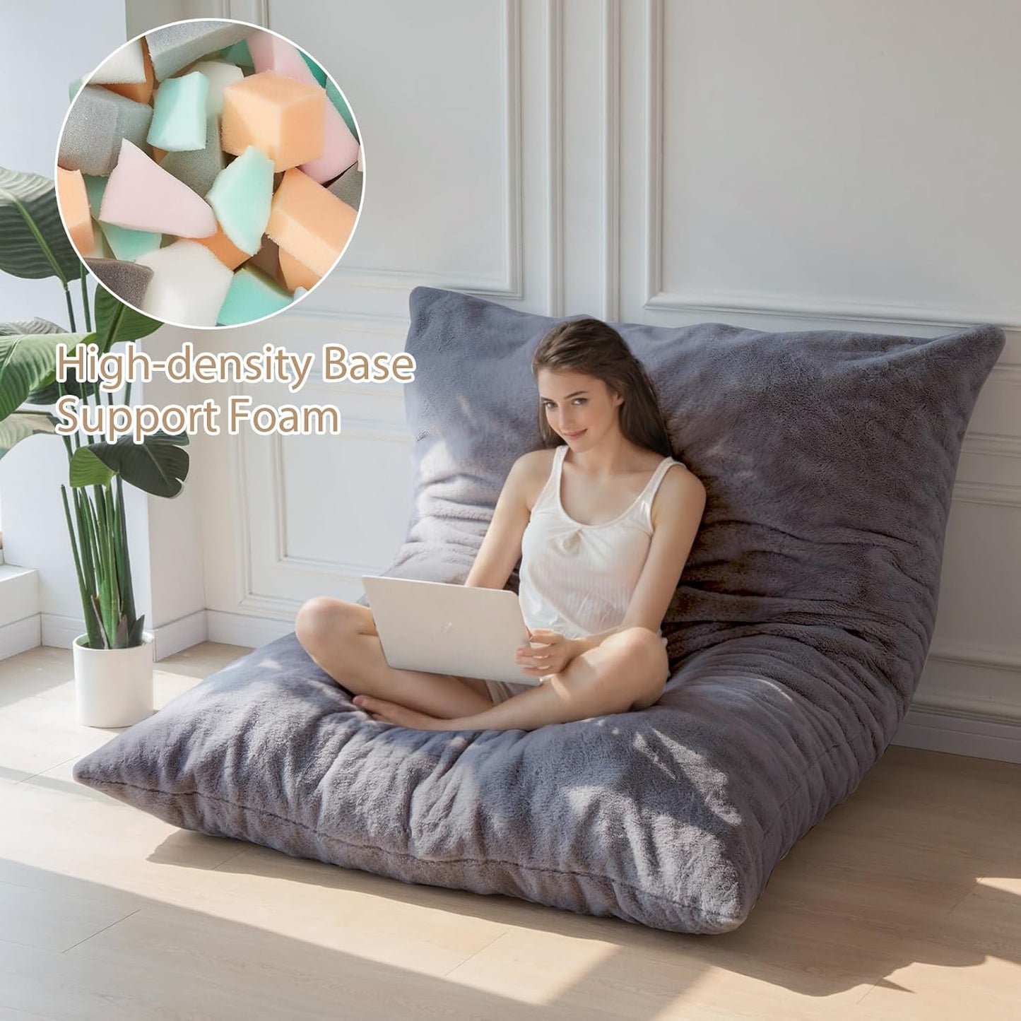 BYBYME 3 in 1 Bean Bag Chair, Convertible Chair Folds from Bean Bag to Lounger, High-Density Foam Filling, Faux Fur Big Sofa Bed, Giant Bean Bag Chair Bed for Adults