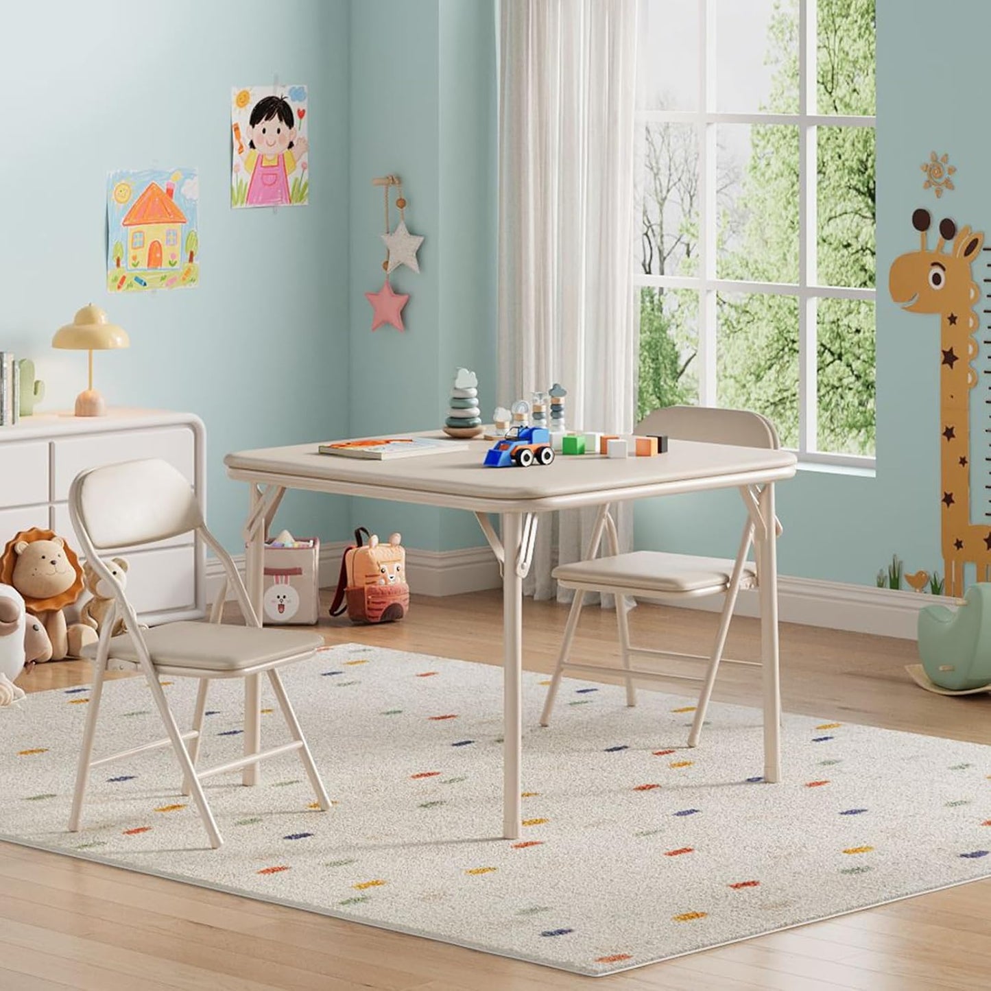 IDEALHOUSE 3 Piece Folding Kids Table and Chairs Set, Children Activity Table and Chairs Set for Dining Room,Daycare,Classrooms