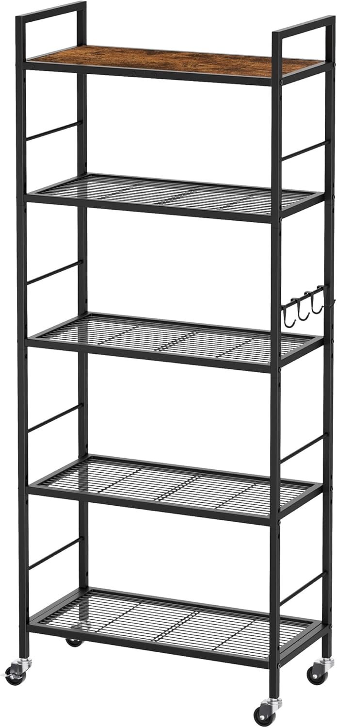 5-Tier Metal Storage Rack with Industrial Wheels,Mesh Shelving Unit with Wooden Table top,Adjustable Shelf,23.6-Inch Width,for Kitchen, Laundry,Pantry,Plant,Black
