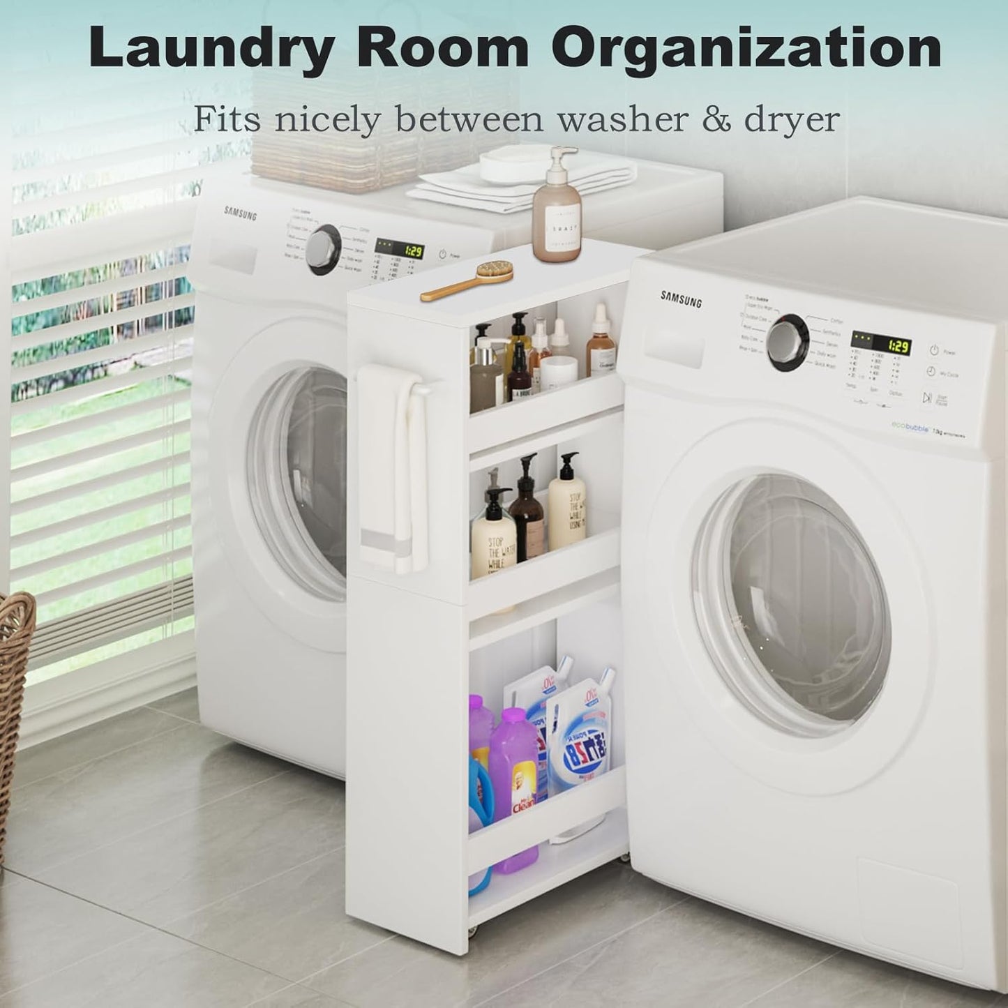 MARTY Rolling Storage Cart 7.9" W, 4-Tier Kitchen Cart with Wheels Handle, Slim Storage Cart Mobile Shelving Utility Carts for Bathroom Laundry Room Organization Narrow Places (All White)