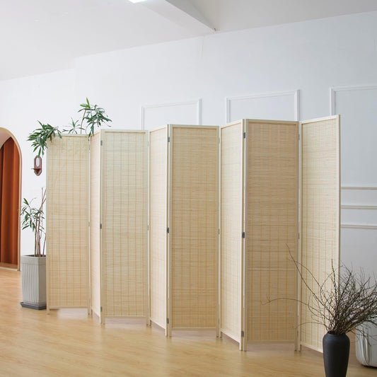 8 Panel Room Divider and Folding Panel Screen,Bamboo Panel Divider Screen for Room Separation,Beige,67" H x 122.8" W