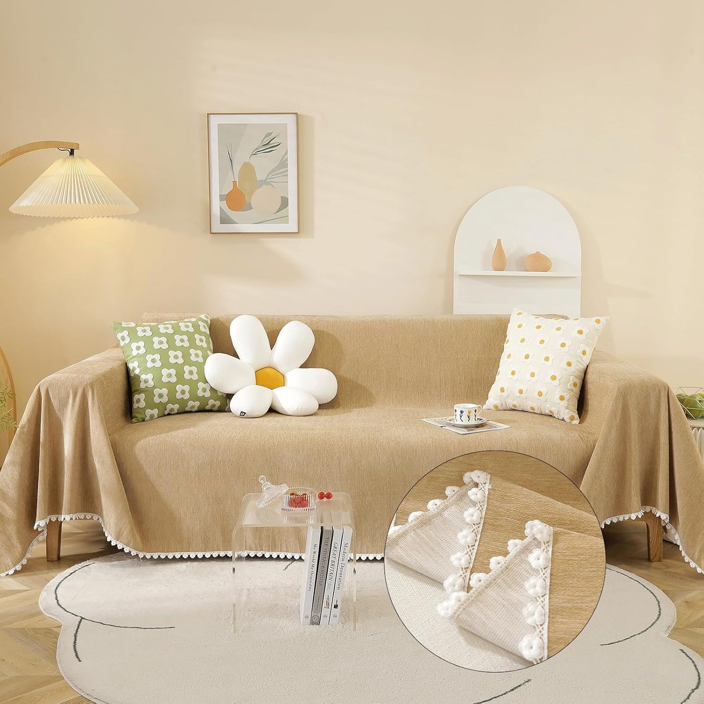 HANDONTIME Khaki Couch Covers for Sectional Sofa L Shape Cute Loveseat Covers Dog Cover Covers, Sofa Covers for 3 Cushion Couch Chenille Sofa Slipcover Soft Sofa Cover for Sectional Sofa, 71" X118"